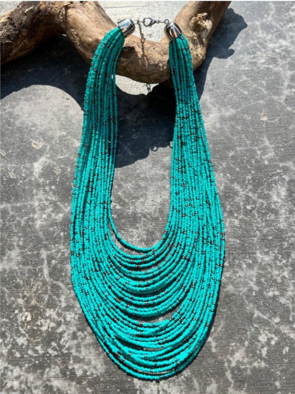 Southwestern Turquoise Seed Bead Statement Necklace | Multi Strand Boho Western - Picture 3 of 4